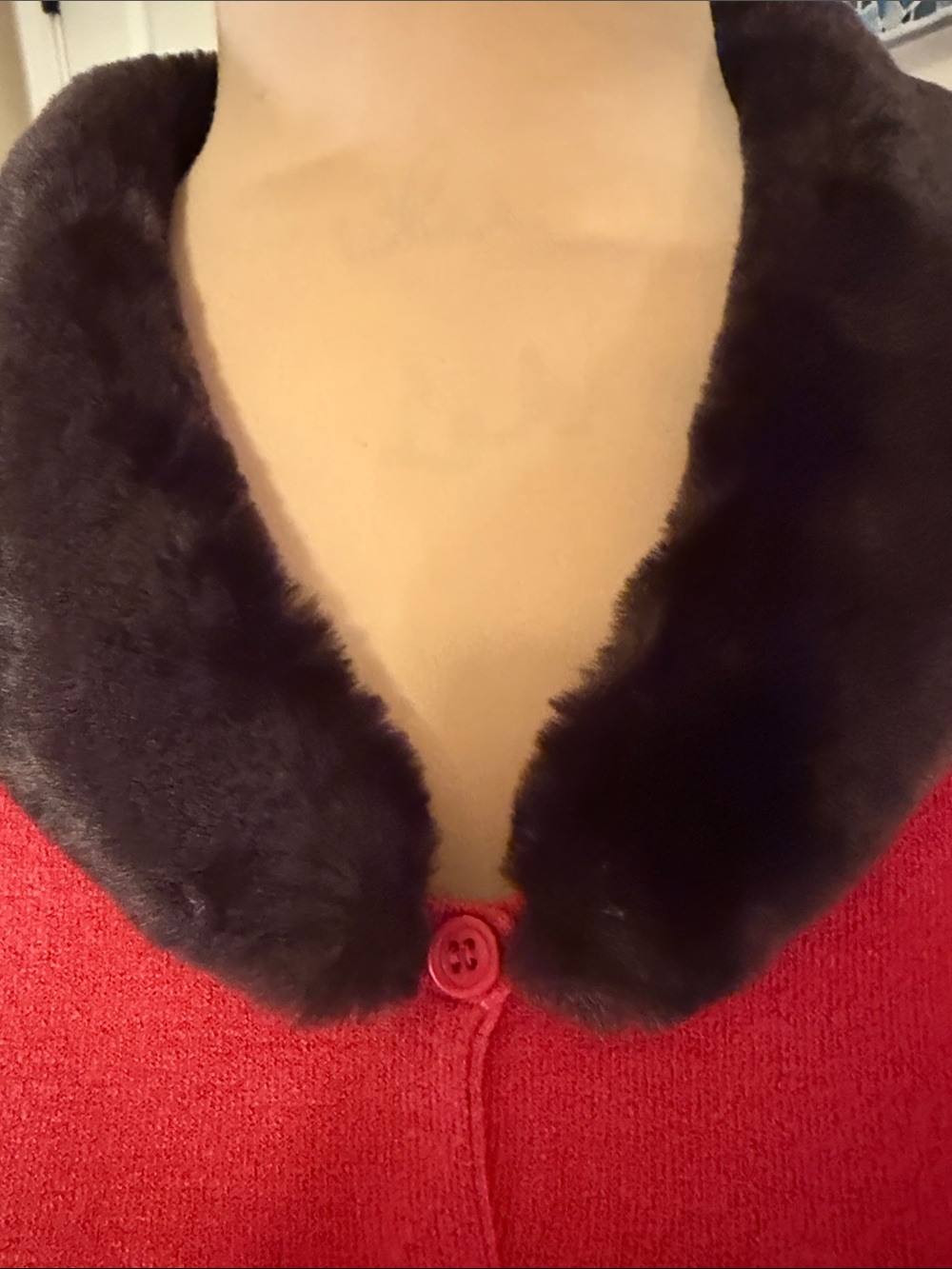 Vintage Rust color Button-Front Sweater with Brown Black Faux-Fur Collar - Picture 2 of 8